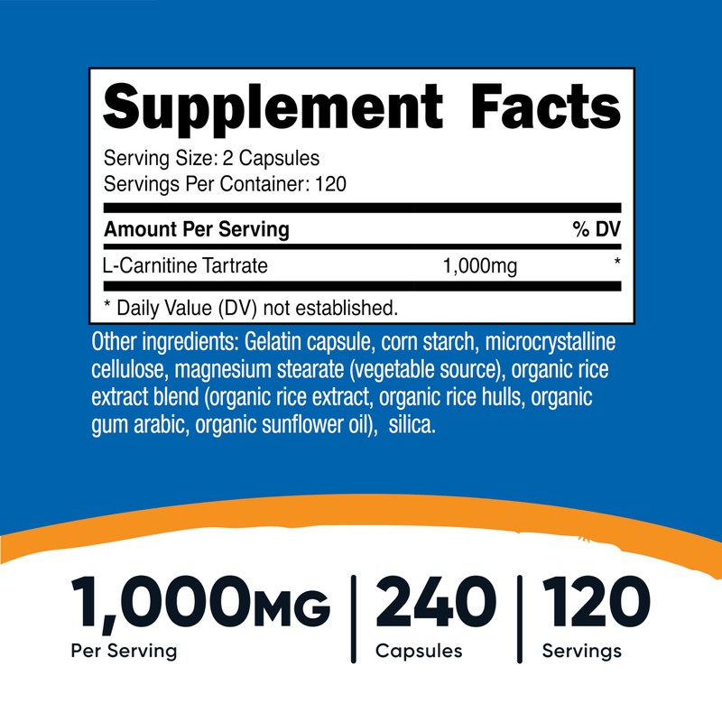 Nutricost L-Carnitine Tartrate 500mg, 240 Capsules - 1000mg Per Serving
