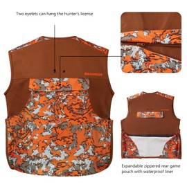 BASSDASH Upland Game Field Water-Resistant Bird Hunting Vest with Multi Pockets Brown/Orange Men Women FV11