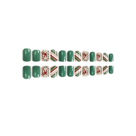 Christmas Press on Nails Short Square Fake Nails Green Full Cover Red Bow False Nails with Designs Candy Cane Glossy Glue on Nails Acrylic Nails Manicure Artificial Nails for Women Girls 24Pcs