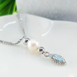 Real freshwater pearl and natural blue topaz pendant necklace 925 sterling silver chain jewelry by Uniquelan Jewelry (blue-topaz)