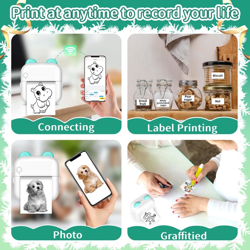 yerfkan Mini Smartphone Printer with 13 Rolls Printing Paper Mini