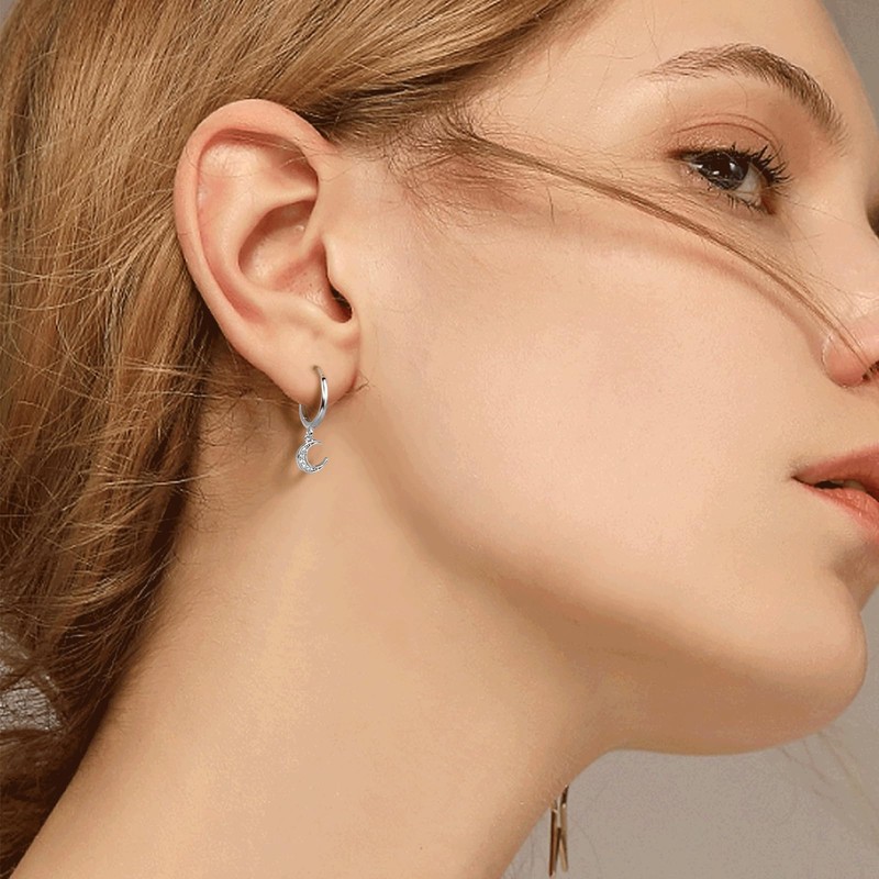 SILBERTALE Moon Dangle Hoop Earrings 925 Sterling Silver Cubic Zirconia