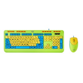 Adesso Kids Keyboard and Mouse Combo with Multimedia Controls - Colorful Wired Set for Children with Large 4X Size Print Keys and 1000 DPI Optical Wireless Mouse