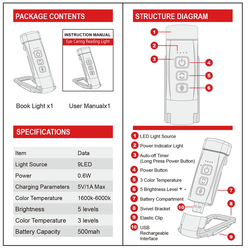 LED Reading Light USB Rechargeable Clip-on Book Light Portable Eye-Care