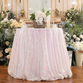 HMQIANG Iridescent Sequin Tablecloth 120" Round Sparkly Iridescent Drape Table Cloth Sequin Fabric Table Cover for Wedding Birthday Party Baby Shower