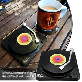 TOTHDATE Set of 6 Vinyl Record Coasters Sets with Holder, Round Funny Coasters Non-Slip Drinks Coasters Coffee Tea Coasters Novelty for Drinks Bars Cafes Home Pub Themes Parties, Style 1
