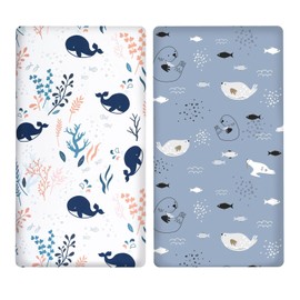 2 PCS Cot Sheets, 100% Microfibre Breathable Cot Fitted Sheets 82 x 41cm, Ultra Soft Baby Crib Sheets Cover for All Bassinet Mattress Shapes, Whale & Seals