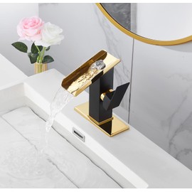 Bathroom Faucet Black Waterfall Gold Spout Single Handle for Sink 1-3 Hole 4 inch Deck Plate Pop Up Drain Stopper Overflow Lavatory Vanity Basin Tap Supply Lines Farmhouse Luxury Bath Faucets Brass