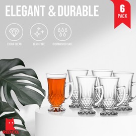 Red Co. 6-Pack Classic Clear Cut Glass 4.5 Oz Footed Turkish Tea Cups with Handles, Etched Design