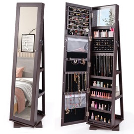 Byroce 360° Rotating Jewelry Organizer w/Full Length Mirror, Lockable Jewelry Armoire Cabinet, Large Storage Capacity, Inside Makeup Mirror, 3-Tier Rear Shelves, Standing Jewelry Holder (Espresso)