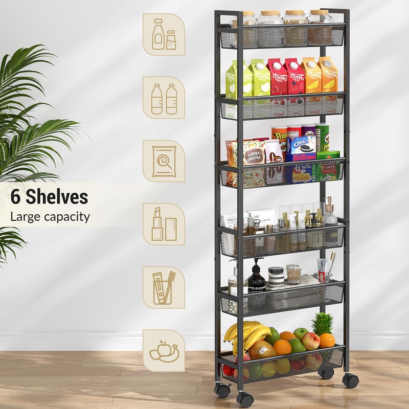 ThreeHio 6 Tier Slim Storage Cart, Narrow Cart with Wheels,