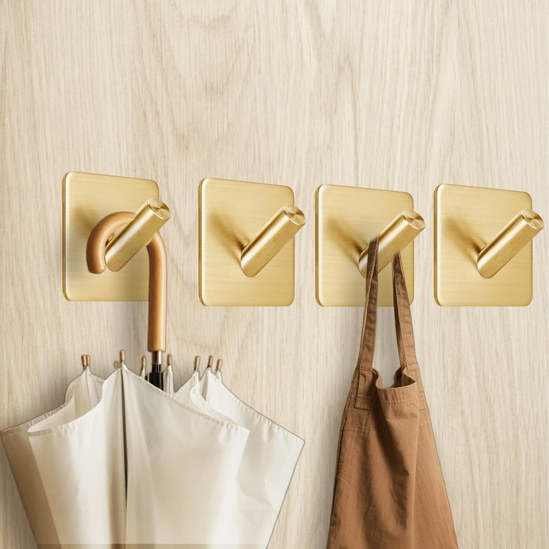 Gold Adhesive Coat Hooks: Anti-Slip 15LB Towel Hooks Locking Curve