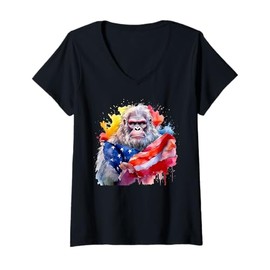 Womens Bigfoot Watercolor Artwork American Flag 4th Of July Art USA V-Neck T-Shirt