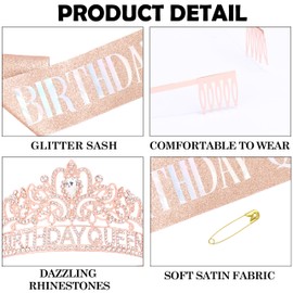 FASOTY Birthday Queen Sash and Crown Tiara - Rose Gold Glitter with Dazzling Colored Foil Birthday Queen Sash and Rhinestone Crown for Women Girls Funny Birthday Party Favors
