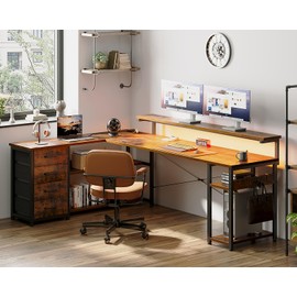 AODK 69" L Shaped Desk with Drawer, Computer Desk with Power Outlets & LED Lights, Reversible Corner Gaming Desks for Home Office Workstation, Office Table with Monitor Shelf, Vintage