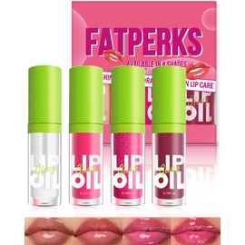Hydrating Lip Glow Oil-4 Colors Tinted Plumping Lip Oil Gloss,Fat Lip Oil Drip Liquid Lipstick,Clear Pink Shiny Glow Reviver Lip Care Oil,Long Lasting Non-sticky Transparent Lipgloss,Makeup Gift-SetA