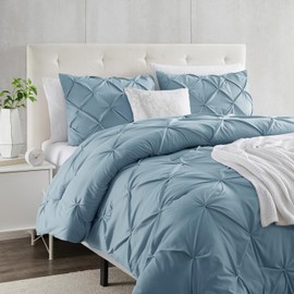Stone Blue King Size Duvet Cover Set - 3 Piece Pintuck Double Brushed With Button Closure, 1 Pinch Pleated Cover 104x90 Inches and 2 Pillow Shams