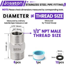 1/2 Npt Nipple, Josaton Hex Nipple 1/2" Male x 1/2" Male Pipe Fittings, 304 Stainless Steel 1/2" NPT Threaded Adapter, Leak Prevention, 1/2 Stainless Nipple for Pipe Connection, 19PCS