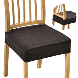 NILUOH Leather Like Seat Covers for Dining Chairs Set of 4, Stretch Dining Room Chair Covers Chair Slipcover Removable Washable Kitchen Chair Seat Protector Covers (Rear-Covered, Black)