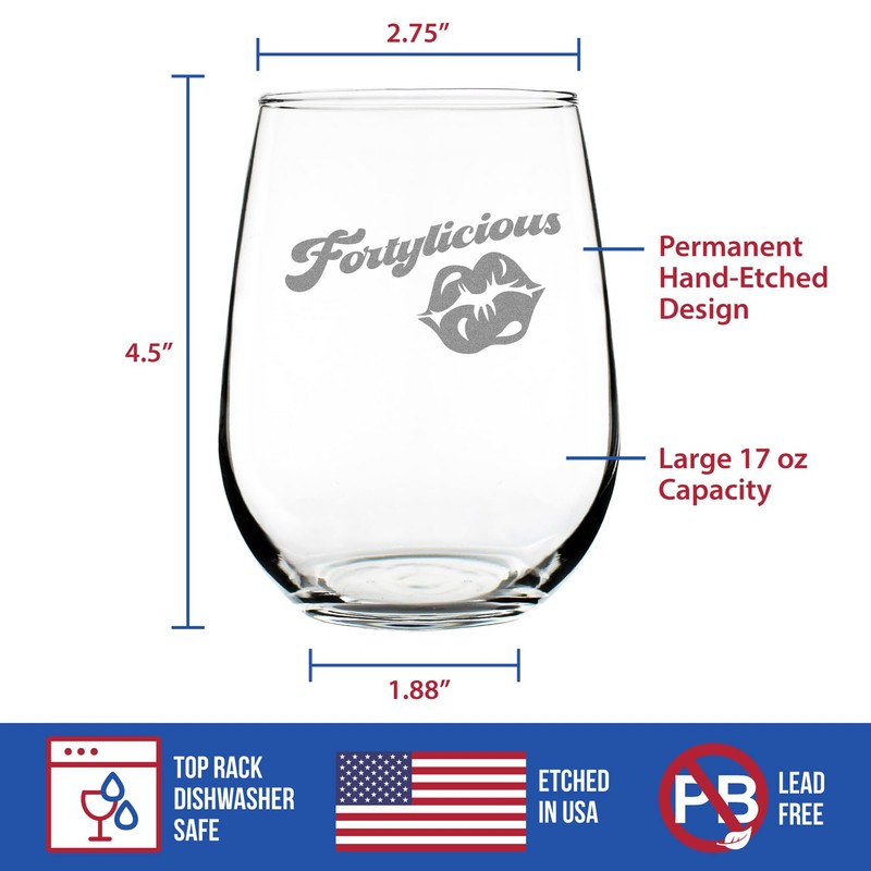 Fortylicious - Stemless Wine Glass Gift - Funny 40th Birthday