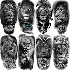 8Pcs Realistic Lion Temporary Tattoos for Men & Women - Waterproof Fake Tattoo Stickers with Tribal Eyes, Spartan Warrior, Skull & Compass Designs, Black & White Artwork for Adults