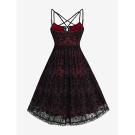 Rosegal Women Plus Size Gothic Lace-up Strappy Lace Overlay Midi Dress Vintage Backless Spaghetti Strap A Line Goth Dress(Red_3/5X)