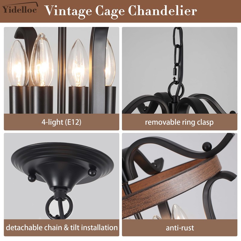 Yidelloc Black Farmhouse Chandelier 4 Lights, Vintage Cage Chandeliers E12