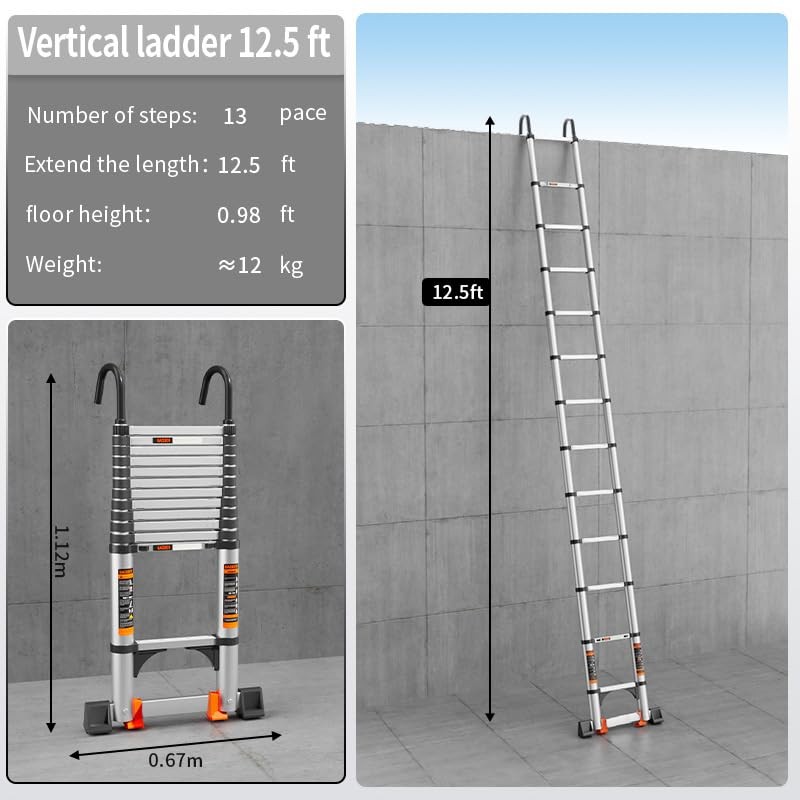 Telescoping Ladder,Aluminum with Stable Hook and stabilizer barand,12.5FT Lightweight Multi-Purpose