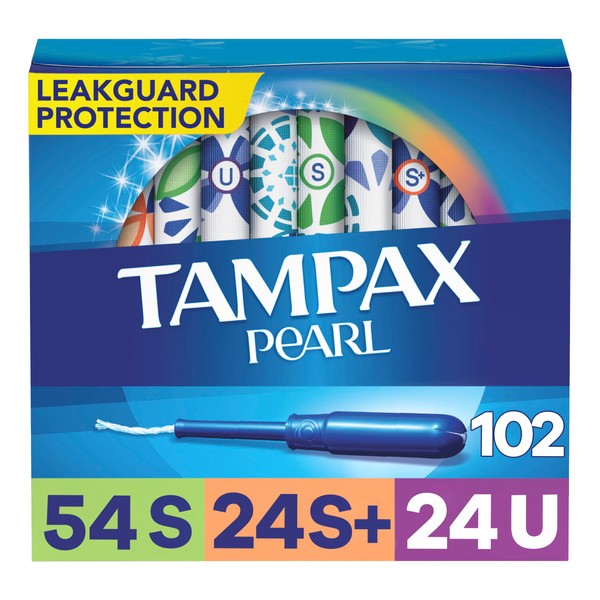 Tampax Pearl Tampons Trio Pack, Super/Super Plus/Ultra Absorbency with BPA-Free Plastic Applicator and LeakGuard Braid, Unscented, 34 Count x 3 Packs (102 count total)
