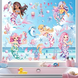 decalmile Window Sticker Underwater World Mermaid Window Decals Under the Sea Dolphin Sea Turtles Seagrass Anti-Collision Window Sticker Bathroom Glass Window Decoration Sticker