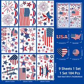 104Pcs Patriotic Window Clings, Memorial Day Decor Red White Blue Double-Sided USA Stars Fireworks Shape Stickers for 4th of July Independence Day Veterans Party Supplies Home Office, 9 Sheets