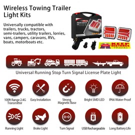 Wireless Trailer Light, Magnetic Towing Lights Kit for Trailers, Rechargeable LED Wireless Trailer Light Portable for Trucks, Tractors, Lorries, Vans, Campers, Boats