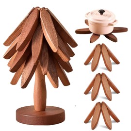 Wooden Trivet Set – 4 Tree-Shaped Trivets + 1 Stand, Foldable Hot Pads for Pots, Pans, Bowls & Teapots, Space-Saving Kitchen Decor, Stored Like a Tree (Walnut Wood)