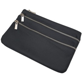 myledershop Large Cowhide Leather Bank/Bank/Wallet/Purse with 3 Zip Compartments in Black, black