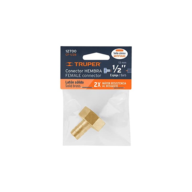 Truper CF-1/2B, Conector sencillo 1/2", hembra, de latón maquinado
