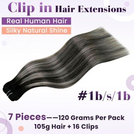 Ombre Clip in Hair Extension Black Hair Extensions Clip in Real Hair 18inch Black to Silver Balayage Clip in Extensions Remy Human Hair 7pcs 120g