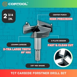 CORTOOL Forstner Drill Bit 2-3/4 Inch, Triple-Flute Carbide Tipped Forstner Bit for Hard Wood, Soft Wood, Veneered Plywood, Plastic, Drilling Hole Saw Woodworking Hinge Cutter Tool