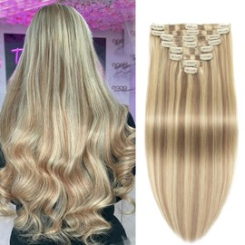 Clip in Hair Extensions Real Human Hair Balayage Honey Blonde to Blonde Clip-in Hair Extension 3.6oz/100g Clip ins 100% Remy Human Hair for Women Straight 8pcs with 18 Clips Double Weft 20 Inch