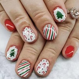 Christmas Press on Nails Short Square Fake Nails Acrylic Nails Press ons Glossy Glue on Nails Red False Nails with Christmas Tree Candy Canes Designs Artificial Stick on Nails for Women 24Pcs