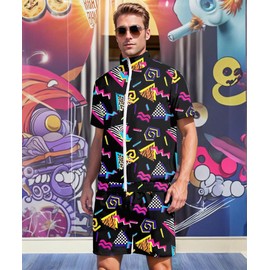 UOUA 80s Outfit for Men 90s Color Block Costumes 2 Piece Retro Short Sleeve Jacket & Shorts Set for Party BlackPrint M