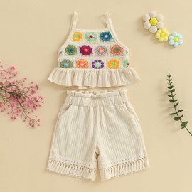 Partclots Baby Girl Outfits Crocheted Ruffled Camisole And Denim Shorts Set 6 12 18 24 Months 2 3 4 T (Beige, 12-18 Months)