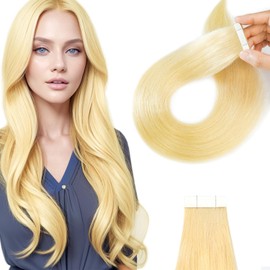 Qingliang Tape-In Real Hair Extensions, 40 cm, Bleached Blonde, Silky Straight, Seamless Skin Weft, Tape-In Real Hair Extensions, 16 Inches, 50 g, 20 Pieces, Tape-in Hair Extensions (40 cm #613 Bleach