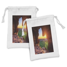 Ambesonne Natural Cave Fabric Pouch Set of 2, Canyon at Sunset Time from the Cave Exploration Theme Secret Perspective, Small Drawstring Bag for Toiletries Masks and Favors, 9" x 6", Green Orange