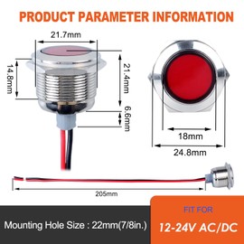 DMWD - 2 luces indicadoras de metal de 22 mm, orificio de montaje de 7/8 pulgadas, 12-24 V AC/DC 20 mA, impermeable, IP67, lámpara individual, lámpara piloto LED, cabeza plana con 20 cm Alambre para