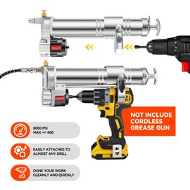 TOKKOT Electric Grease Gun Drill Adapter for De-Walt/Milwake Cordless Drill Driver –14 OZ Capacity, 12" Flexible Hose,Locking Grease Gun Coupler & Steel Pipe – DIY & Professional Lubrication Tool