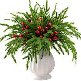 Watayo 45 Pcs Christmas Norfolk Pine Branches with Red Berry Stems- 14" Artificial Greenery Norfolk Pine Stems Sprigs- Fake Foliage Pine Needles Picks for DIY Craft Garland Home Decoration