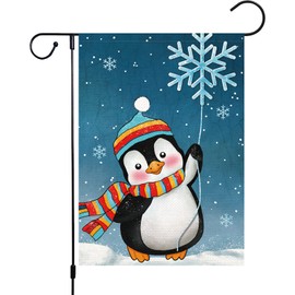 Winter Penguins Garden Flag Welcome Christmas Snowflakes Scarfs Yard Flags 12x18 Inch Double Sided Burlap Xmas Banner for Winter Holiday Christmas Outdoor Decoration(ONLY FLAG)