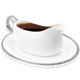 Nexboraque 14 oz Gravy Boat with Tray and Trim, Ceramic Sauce Boat with Silver Trim Ergonomic Handle and Dripless Lip Spout for Salad Dressings