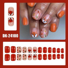 24pcs Short Square Press On Nails Fall Fake Nails Leaf With Fox Design Orange False Nails Full Cover Acrylic Artificial Autumn Glue On Nail Stick On Nail For Women Manicure