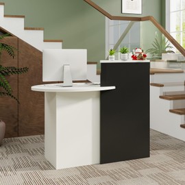 SILKYDRY Reception Desk, Small Retail Checkout Counter with Lockable Drawer and Open Shelves, Wooden Front Desk Reception Counter, Oval Desktop & L Counter for Store Office Lobby Salon (White & Black)